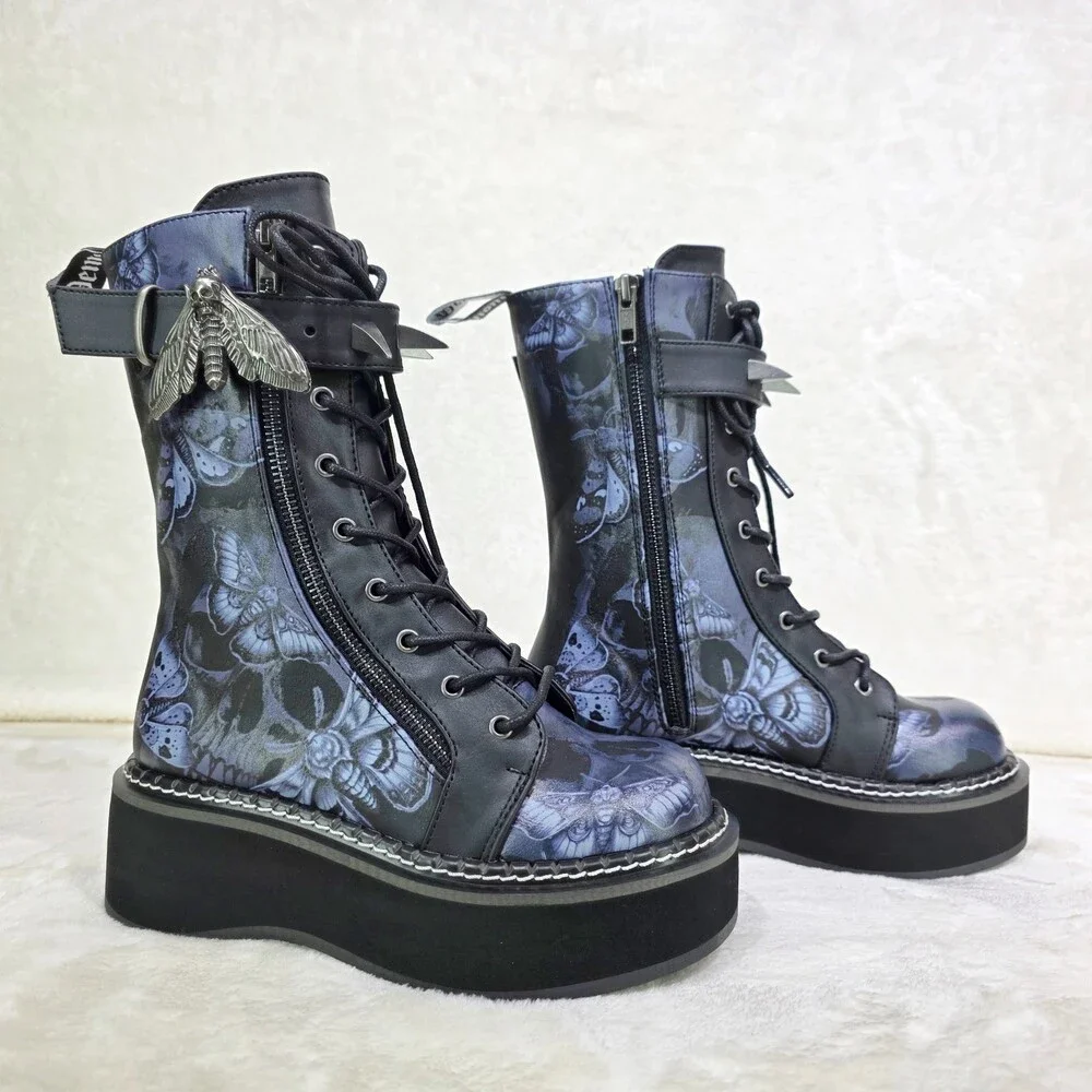 NIB NEW DEMONIA Emily Death Moth Skull Graphic Platform Goth Punk Mid Calf Boots - Picture 5 of 16